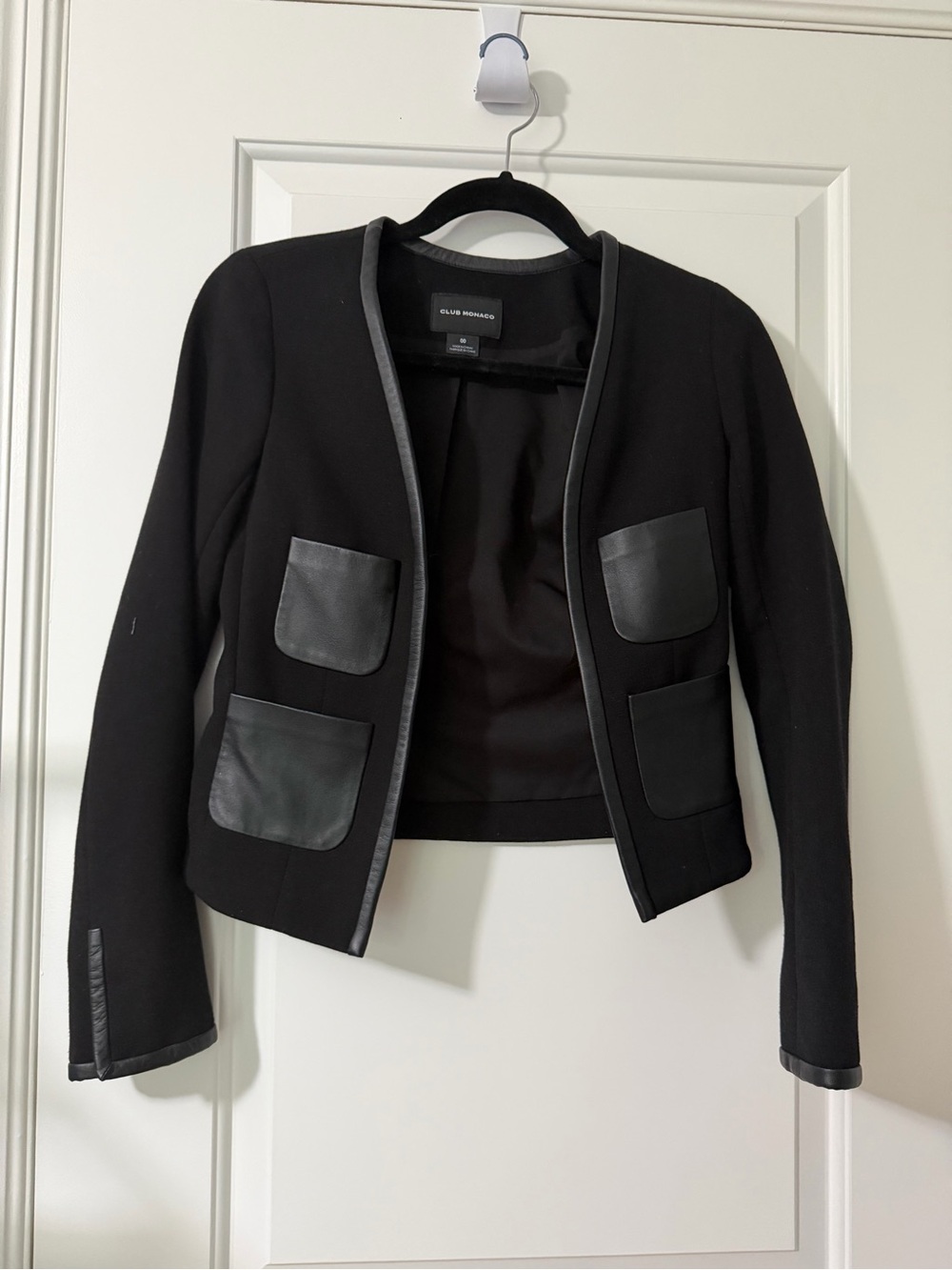 Club Monaco Black Cropped Blazer with Leather Trim